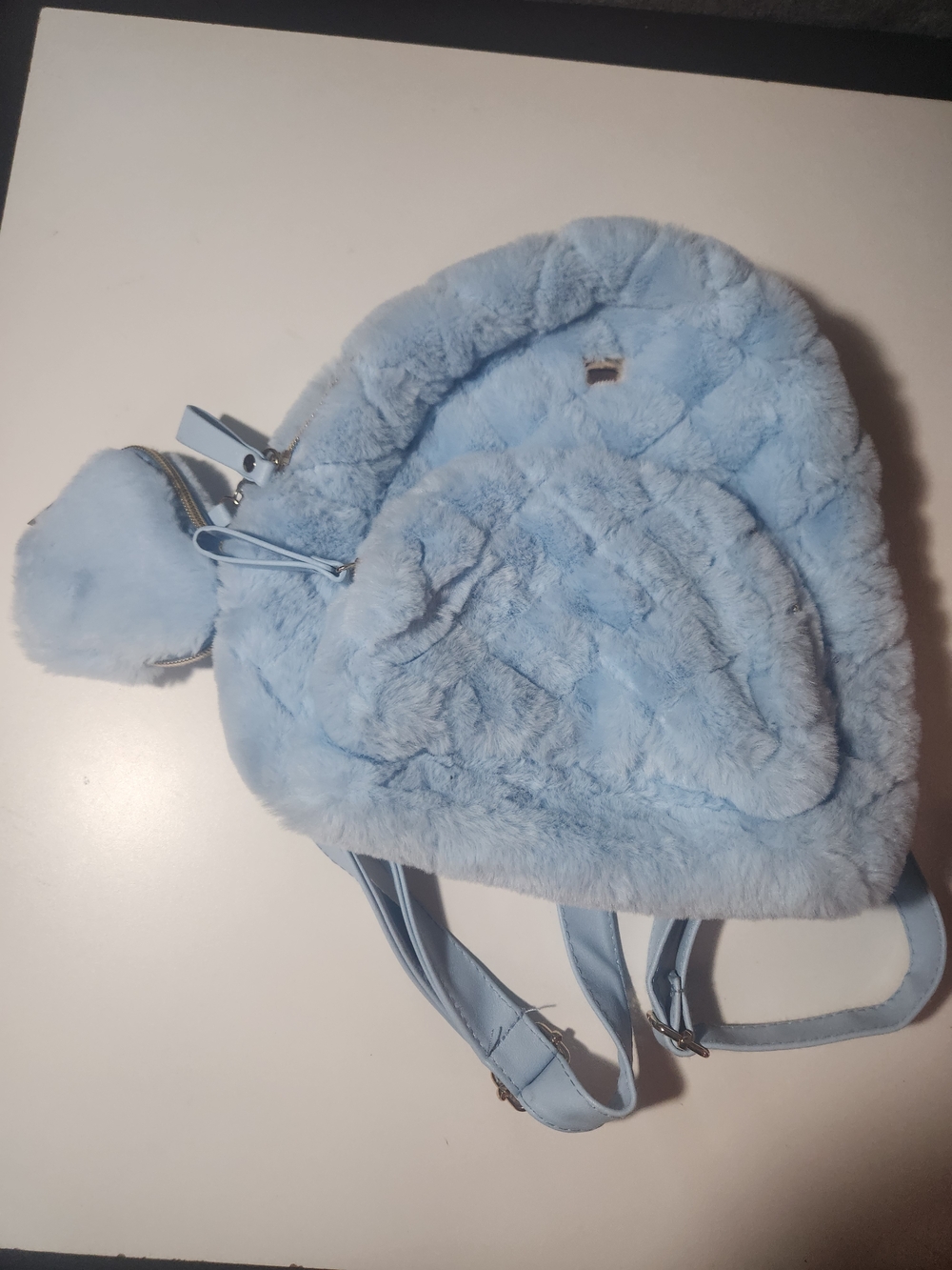 Light Blue Faux Fur 12in. Mini Backpack with Heart Shaped Keychain Wallet